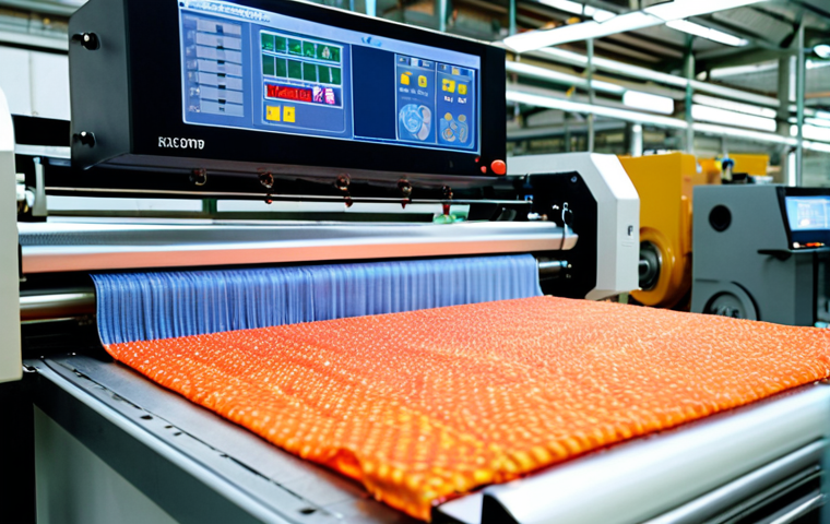 **Smart Sensor in Textile Factory:** "Close-up shot of a small, advanced sensor detecting vibrations on a textile machine in a brightly lit factory near Prato, Italy. Emphasize the sensor's data display and the complex machinery around it." (Focus: Detail and Industrial Setting)