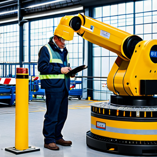 **

"A factory floor scene with automated machinery, focusing on a safety inspection. A fully clothed engineer in appropriate attire is examining a robotic arm. Background includes safety barriers and warning signs. Safe for work, appropriate content, professional setting, perfect anatomy, natural proportions, well-lit, family-friendly."

**