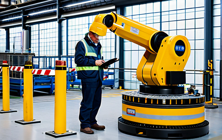 **
"A factory floor scene with automated machinery, focusing on a safety inspection. A fully clothed engineer in appropriate attire is examining a robotic arm. Background includes safety barriers and warning signs. Safe for work, appropriate content, professional setting, perfect anatomy, natural proportions, well-lit, family-friendly."
**