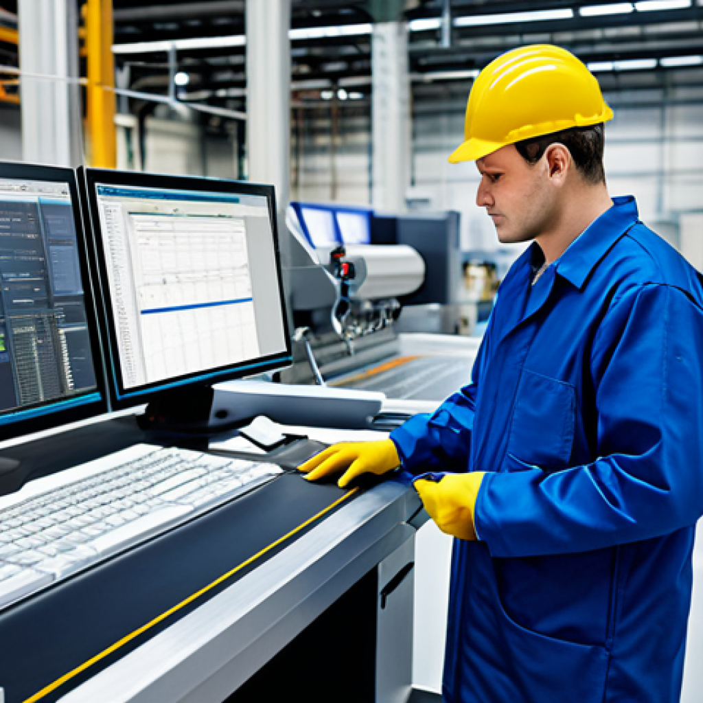 공장자동화에 적합한 소프트웨어 - **
"A professional factory worker in appropriate work attire, monitoring a production line using an...