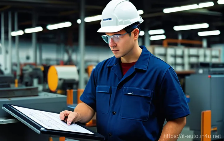 자동화 설비 유지보수 일지 작성법 - **Transition to Digital Maintenance:** A male industrial maintenance technician, dressed in a neat, ...