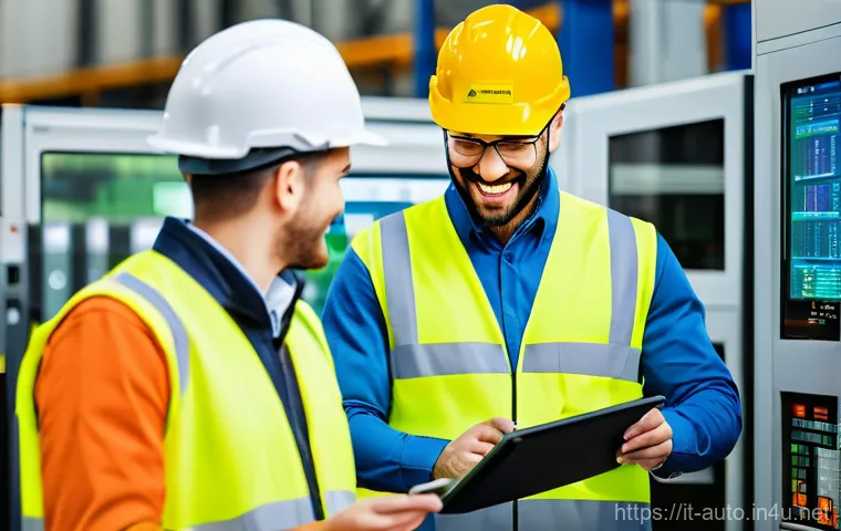 자동화 설비 유지보수 일지 작성법 - **Predictive Maintenance with AI:** Two diverse maintenance engineers, one male and one female, both...