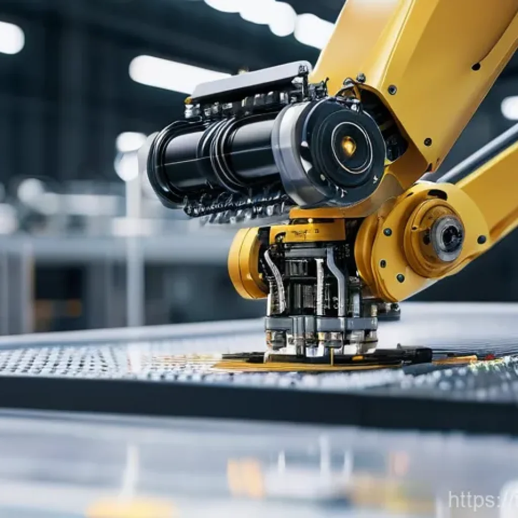 산업용 로봇 정밀 조정 방법 - **Prompt:** A dynamic, high-angle shot of an advanced industrial robotic arm in a modern, pristine I...