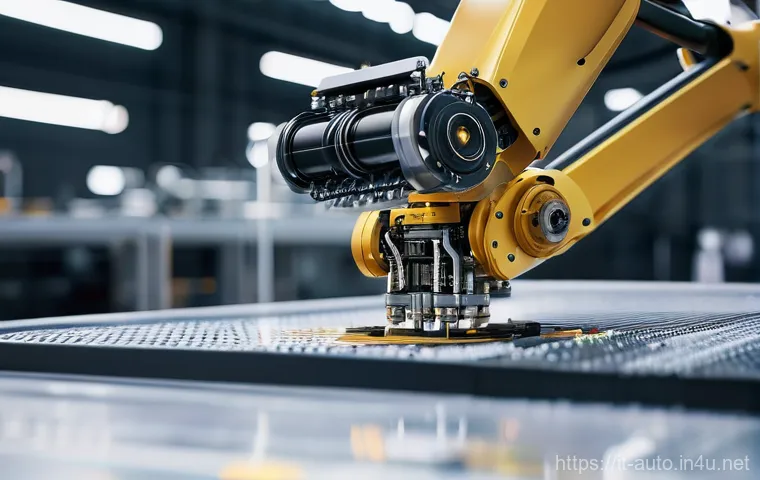 산업용 로봇 정밀 조정 방법 - **Prompt:** A dynamic, high-angle shot of an advanced industrial robotic arm in a modern, pristine I...