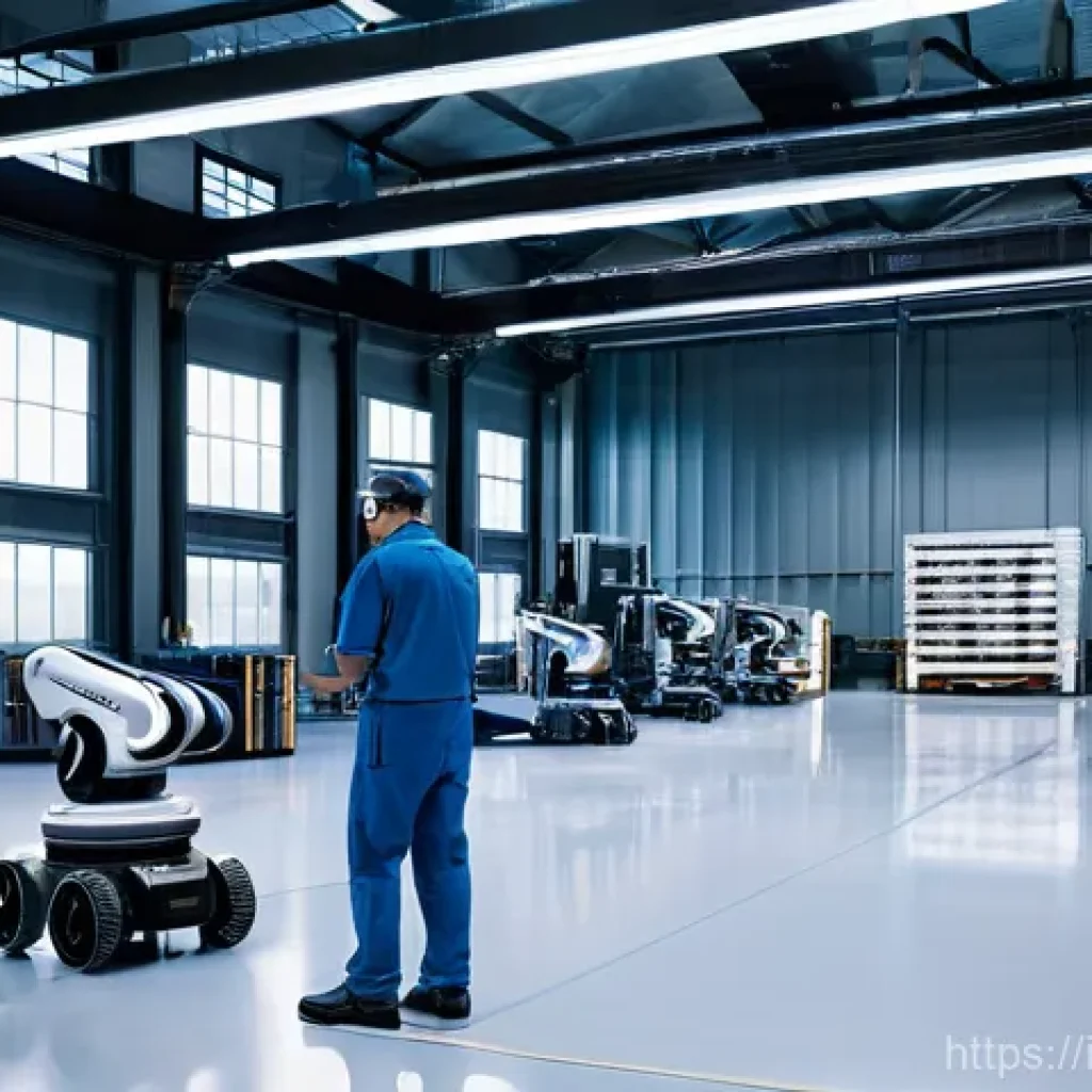 자동화 설비의 주요 구성 요소 - **Prompt:** A vibrant, futuristic factory floor bathed in clean, ambient light. In the foreground, a...