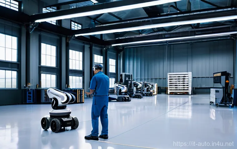 자동화 설비의 주요 구성 요소 - **Prompt:** A vibrant, futuristic factory floor bathed in clean, ambient light. In the foreground, a...