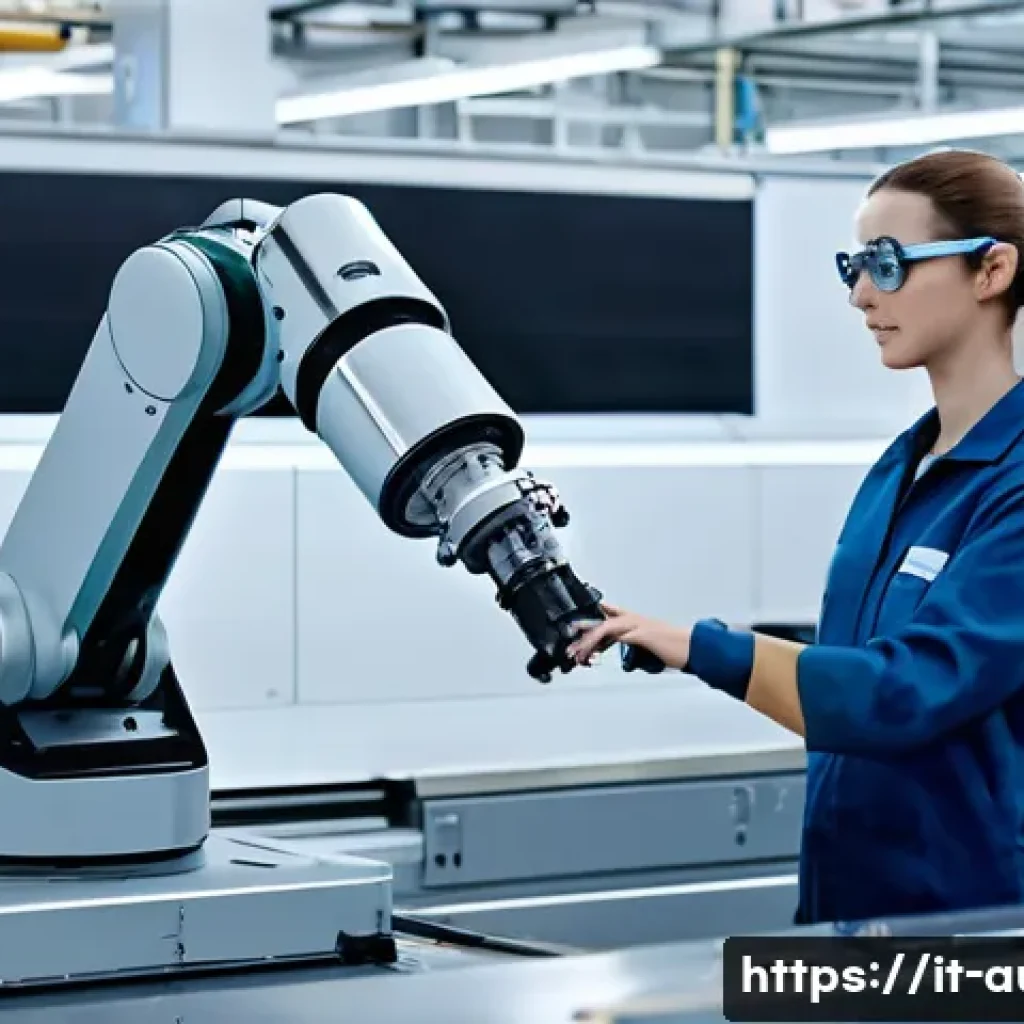 공장자동화 트렌드 및 전망 - **Human-Cobot Collaboration in a Modern Factory**
    A clean, brightly lit, state-of-the-art manufa...