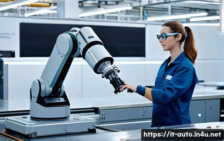 공장자동화 트렌드 및 전망 - **Human-Cobot Collaboration in a Modern Factory**
    A clean, brightly lit, state-of-the-art manufa...