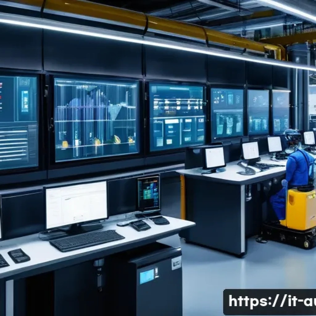 자동화 시스템 효율화 방안 - A high-tech automated manufacturing facility with detailed process flow charts displayed on large in...