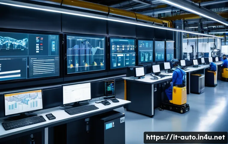 자동화 시스템 효율화 방안 - A high-tech automated manufacturing facility with detailed process flow charts displayed on large in...