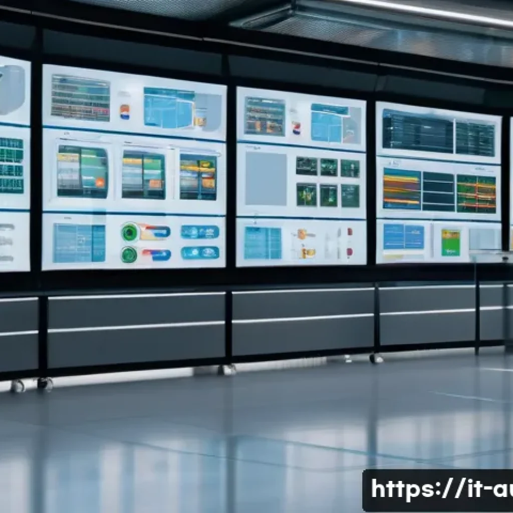 공장자동화 업무 효율화 도구 - A modern Italian factory interior showcasing an integrated SCADA control system in action, with mult...