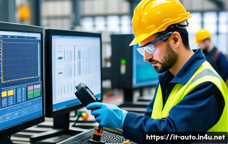 공장자동화 유지보수 직무 일상 - A skilled industrial maintenance technician in a modern Italian manufacturing plant, wearing safety ...