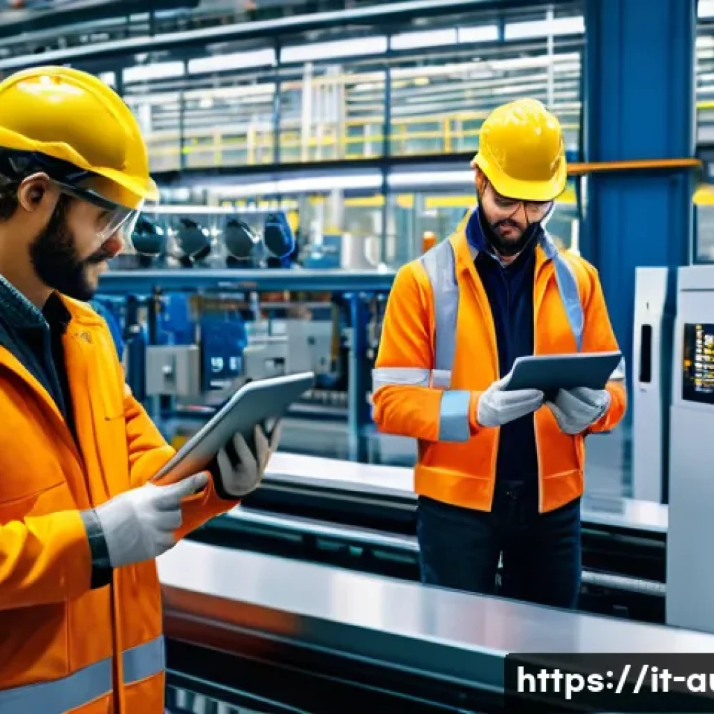 스마트 팩토리 성공 사례 - A modern Italian smart factory interior showcasing advanced production lines with workers wearing sa...