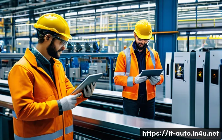 스마트 팩토리 성공 사례 - A modern Italian smart factory interior showcasing advanced production lines with workers wearing sa...
