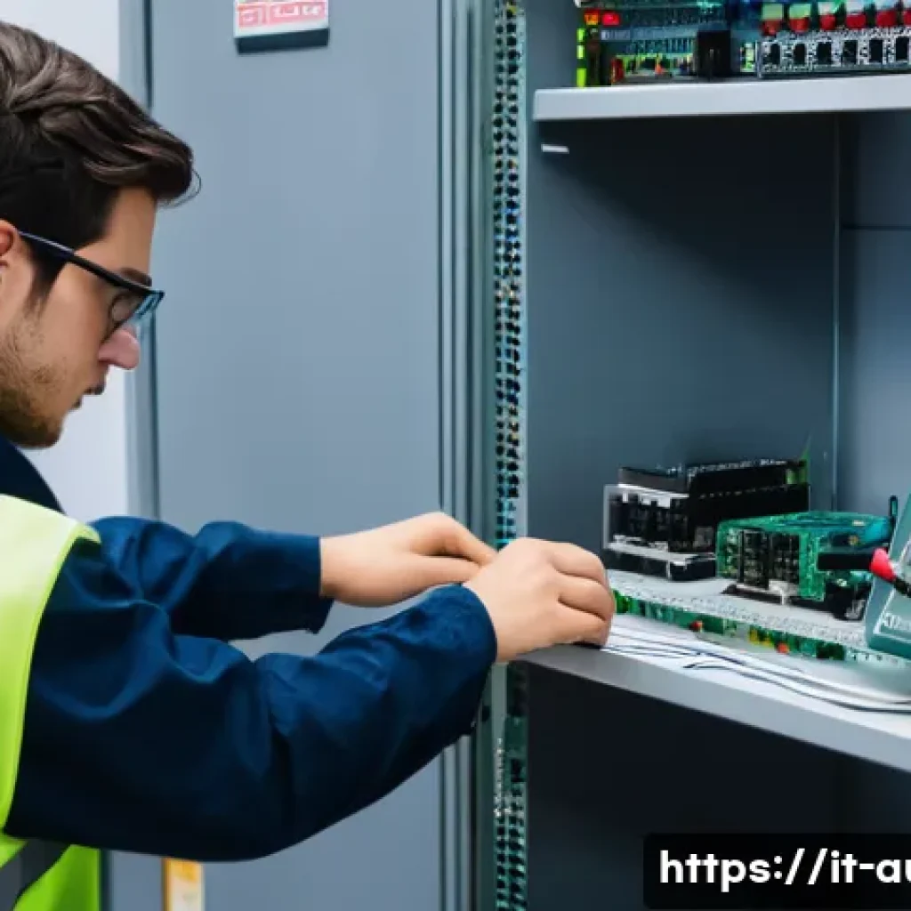 공장자동화 기사 실기 요령 - A detailed industrial automation training setup showing a young adult male technician practicing wir...