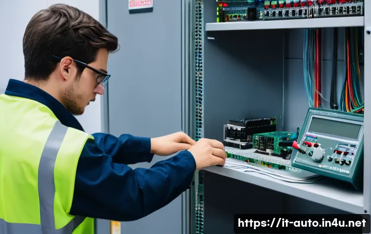 공장자동화 기사 실기 요령 - A detailed industrial automation training setup showing a young adult male technician practicing wir...