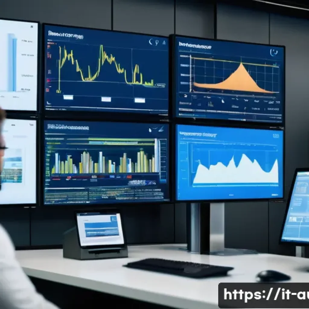 공장자동화 유지보수 비용 절감 - A modern industrial factory control room showcasing a large digital dashboard with real-time data an...