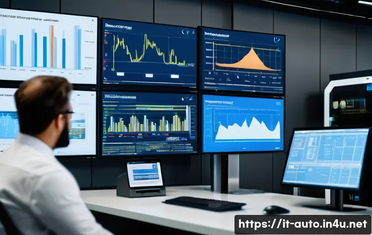 공장자동화 유지보수 비용 절감 - A modern industrial factory control room showcasing a large digital dashboard with real-time data an...