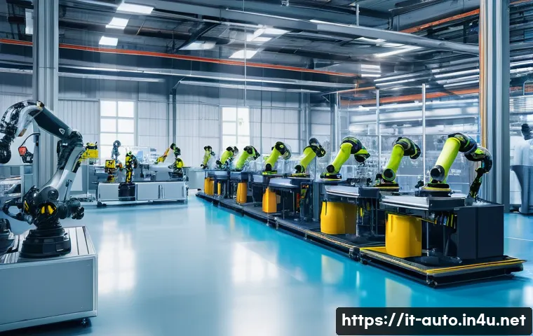 공장자동화 설비의 최신 기술 - A high-tech industrial factory floor featuring collaborative robots (cobots) working safely alongsid...