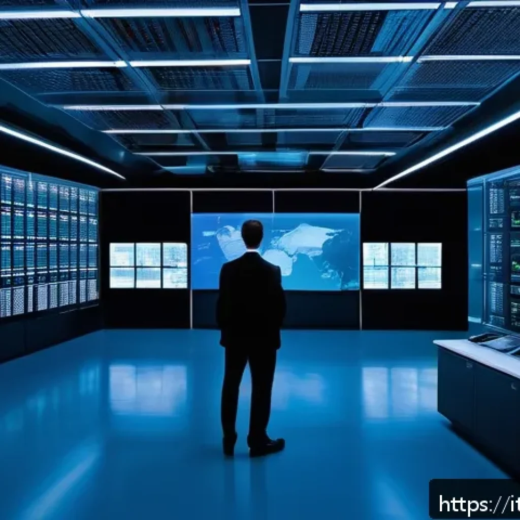 공장자동화 시스템의 백업 방법 - A high-tech industrial control room featuring multiple servers with distributed backup systems, rack...