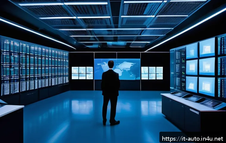 공장자동화 시스템의 백업 방법 - A high-tech industrial control room featuring multiple servers with distributed backup systems, rack...