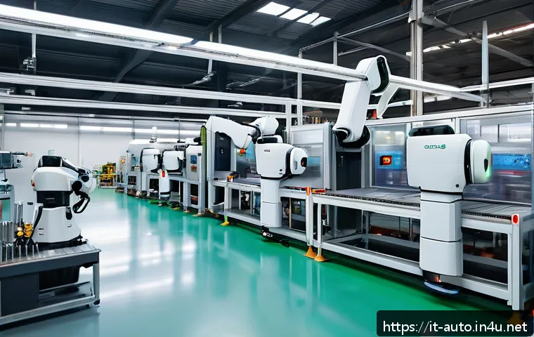 산업용 로봇의 비용 분석 - A modern Italian industrial factory interior featuring a collaborative robot (cobot) working safely ...