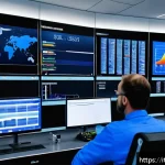 Home 22 자동화 설비 진단 방법 - A high-tech industrial control room with a large SCADA system display wall showing real-time data fr...