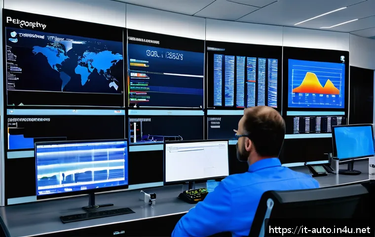 자동화 설비 진단 방법 - A high-tech industrial control room with a large SCADA system display wall showing real-time data fr...