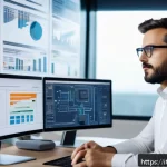Home 21 자동화 엔지니어링 포트폴리오 작성법 - A professional automation engineer workspace featuring dual monitors displaying detailed flowcharts,...