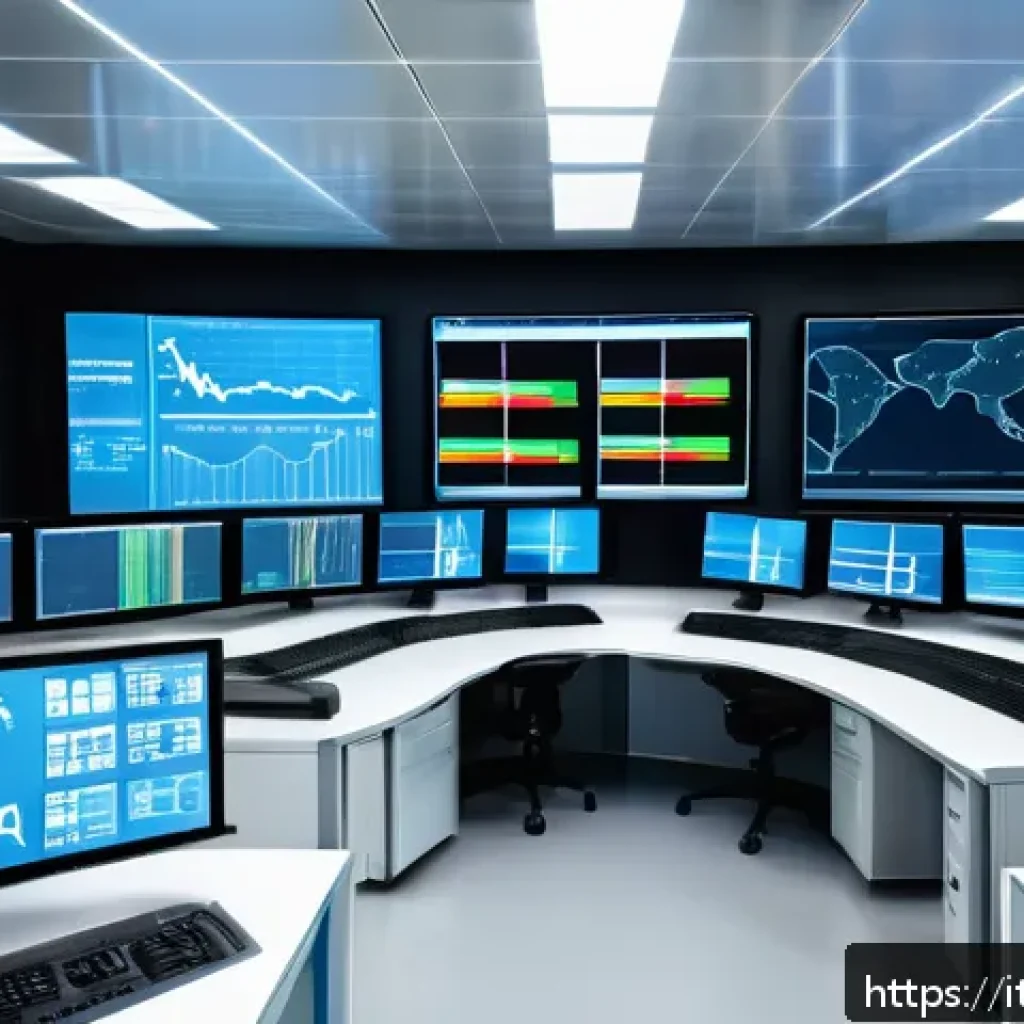공장자동화 중점 과목별 학습법 - A modern industrial automation control room featuring multiple large monitors displaying SCADA and H...