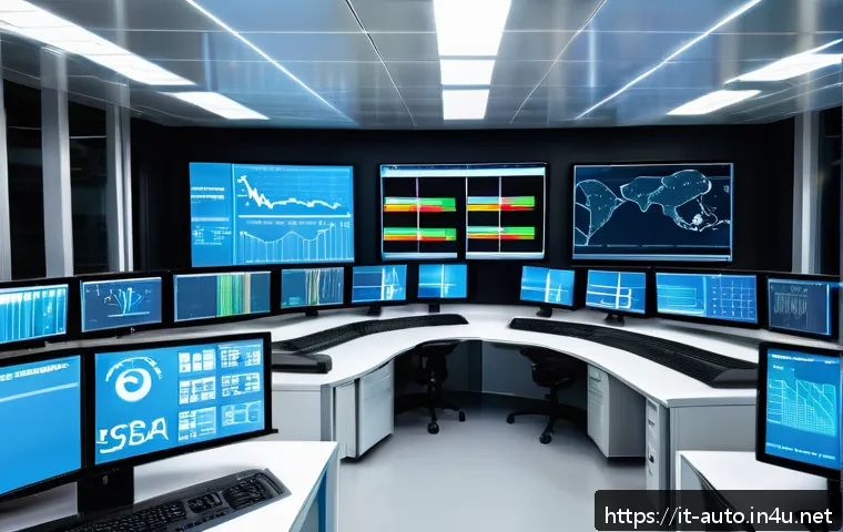 공장자동화 중점 과목별 학습법 - A modern industrial automation control room featuring multiple large monitors displaying SCADA and H...