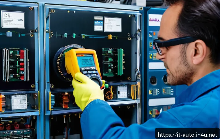 공장자동화 트러블슈팅 사례 모음 - A detailed industrial scene inside an Italian manufacturing plant showing a maintenance technician u...