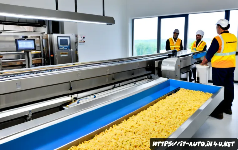 공장자동화 솔루션 도입 사례 - Photorealistic Italian manufacturing plant automation case study, wide clean view of a modern food p...